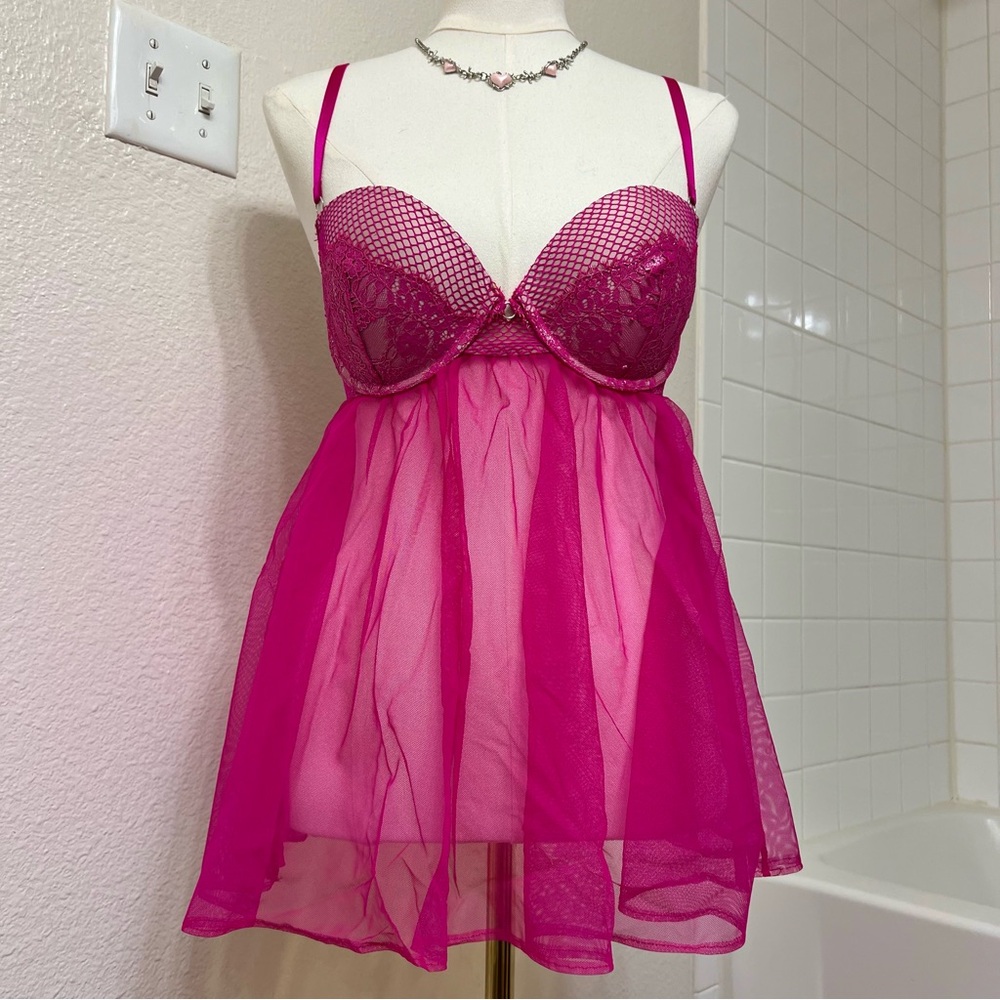 Victoria’s Secret pink lace mesh babydoll lingerie dress sheer floral girly